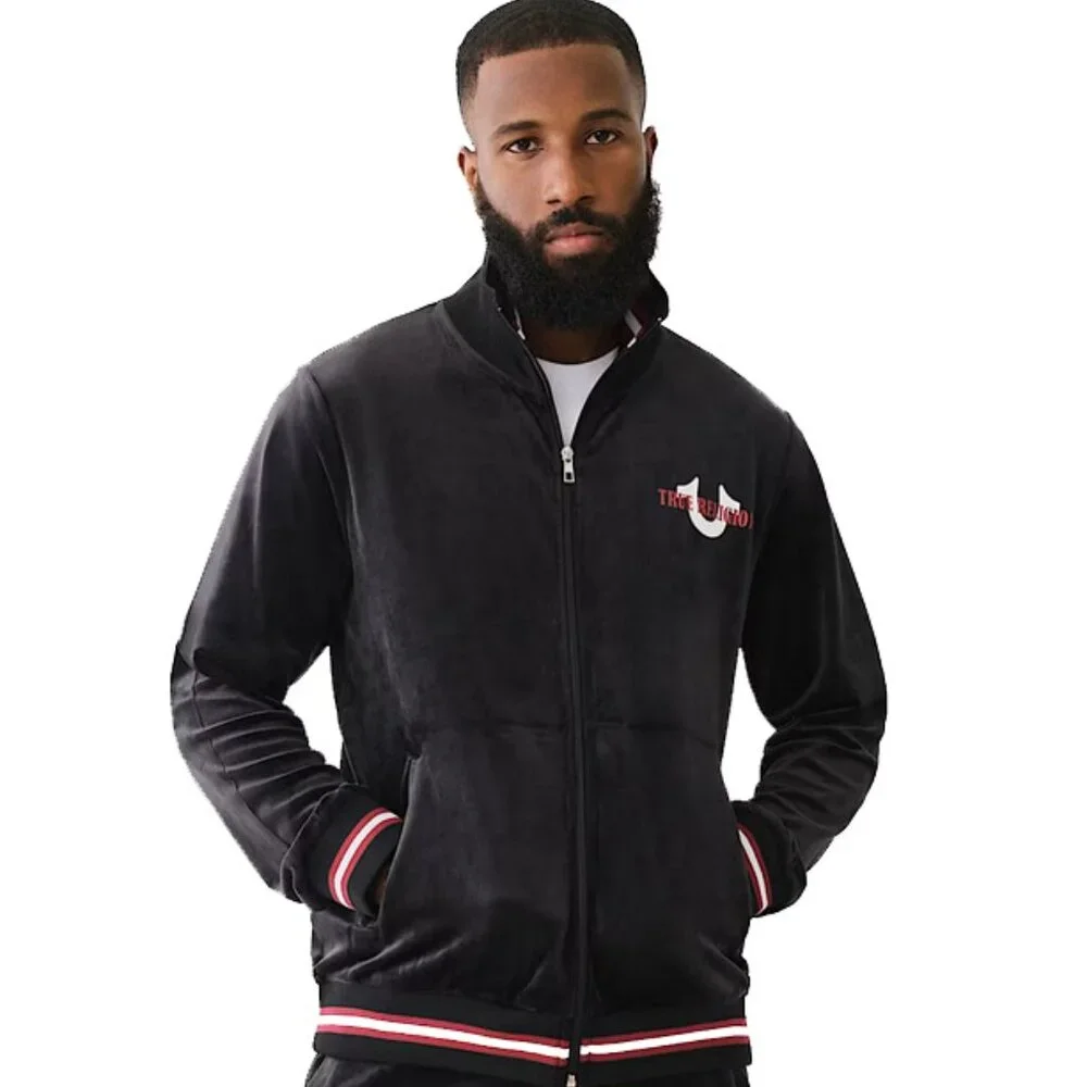 NEW $139 True Religion Velour World Tour Logo Track Jacket! L Black Big Buddha